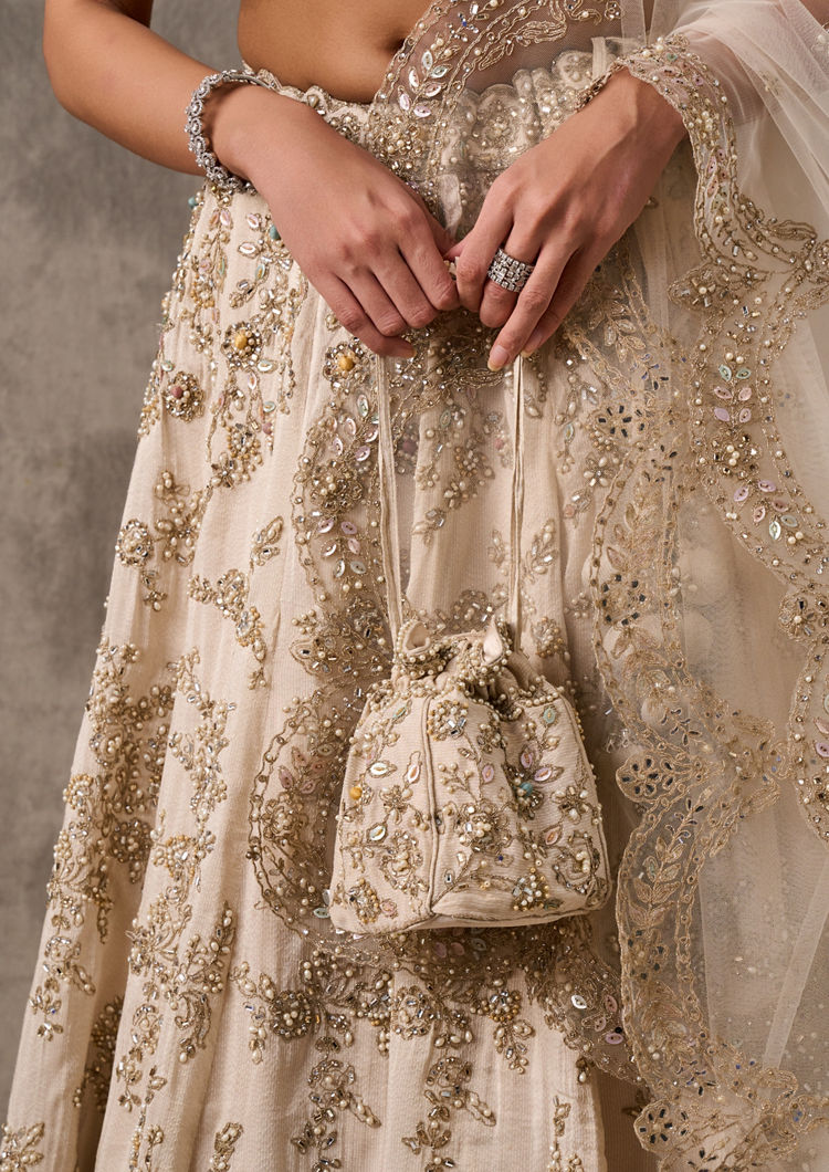 Twamev Women Cream Organza Zardosi Embroidered Lehenga