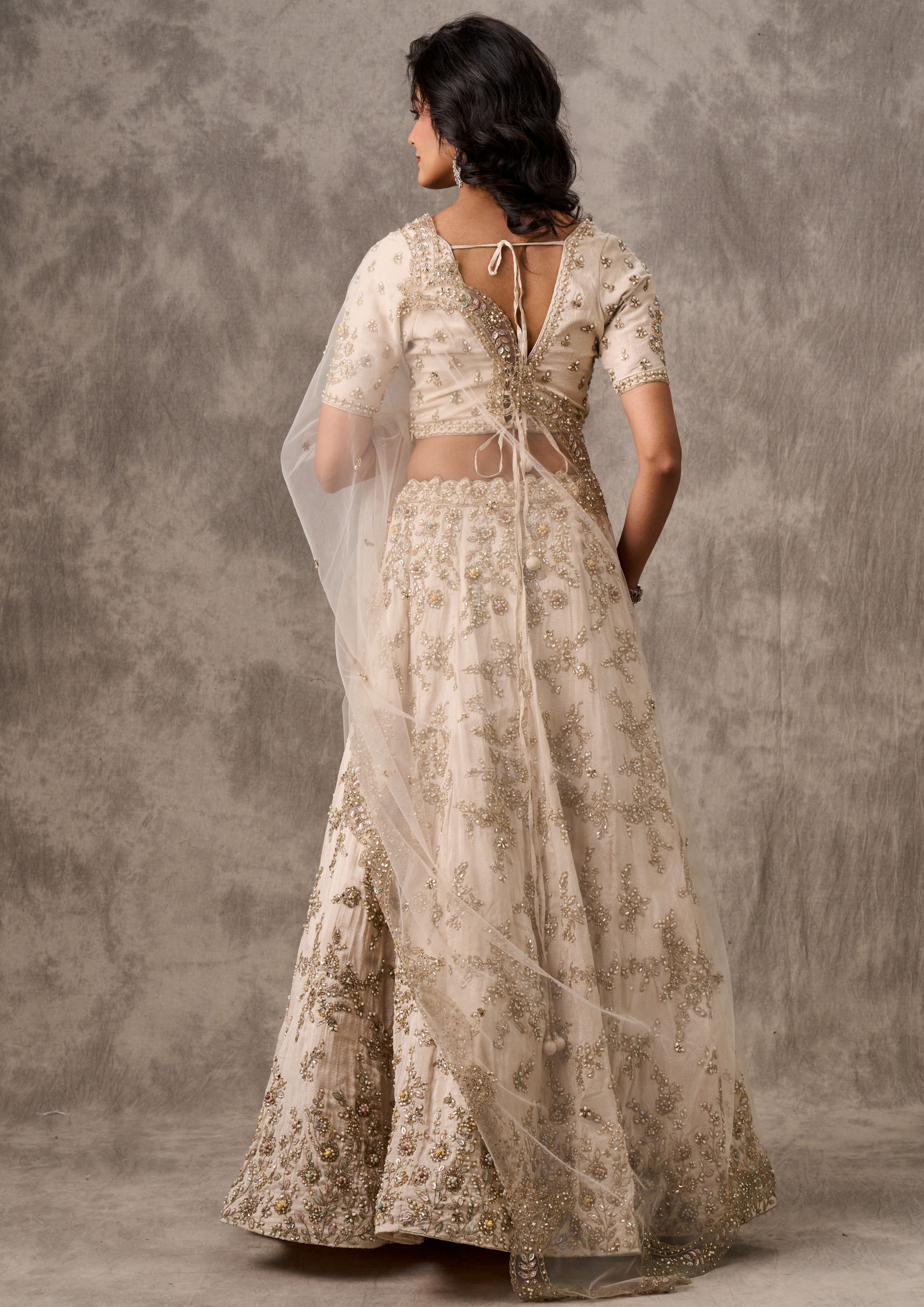 Twamev Women Cream Organza Zardosi Embroidered Lehenga