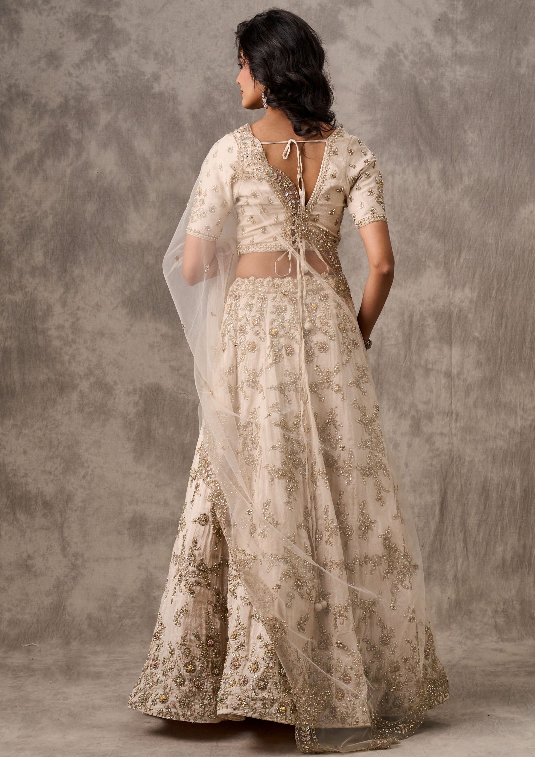 Twamev Women Cream Organza Zardosi Embroidered Lehenga