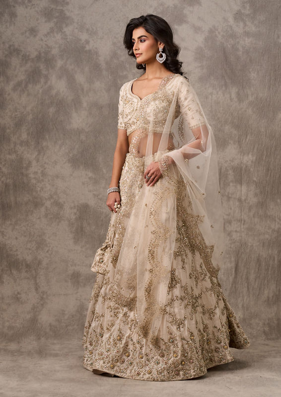 Twamev Women Cream Organza Zardosi Embroidered Lehenga