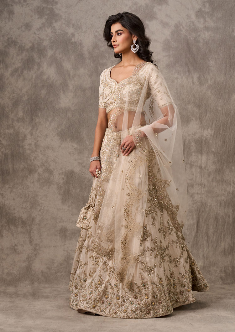 Twamev Women Cream Organza Zardosi Embroidered Lehenga
