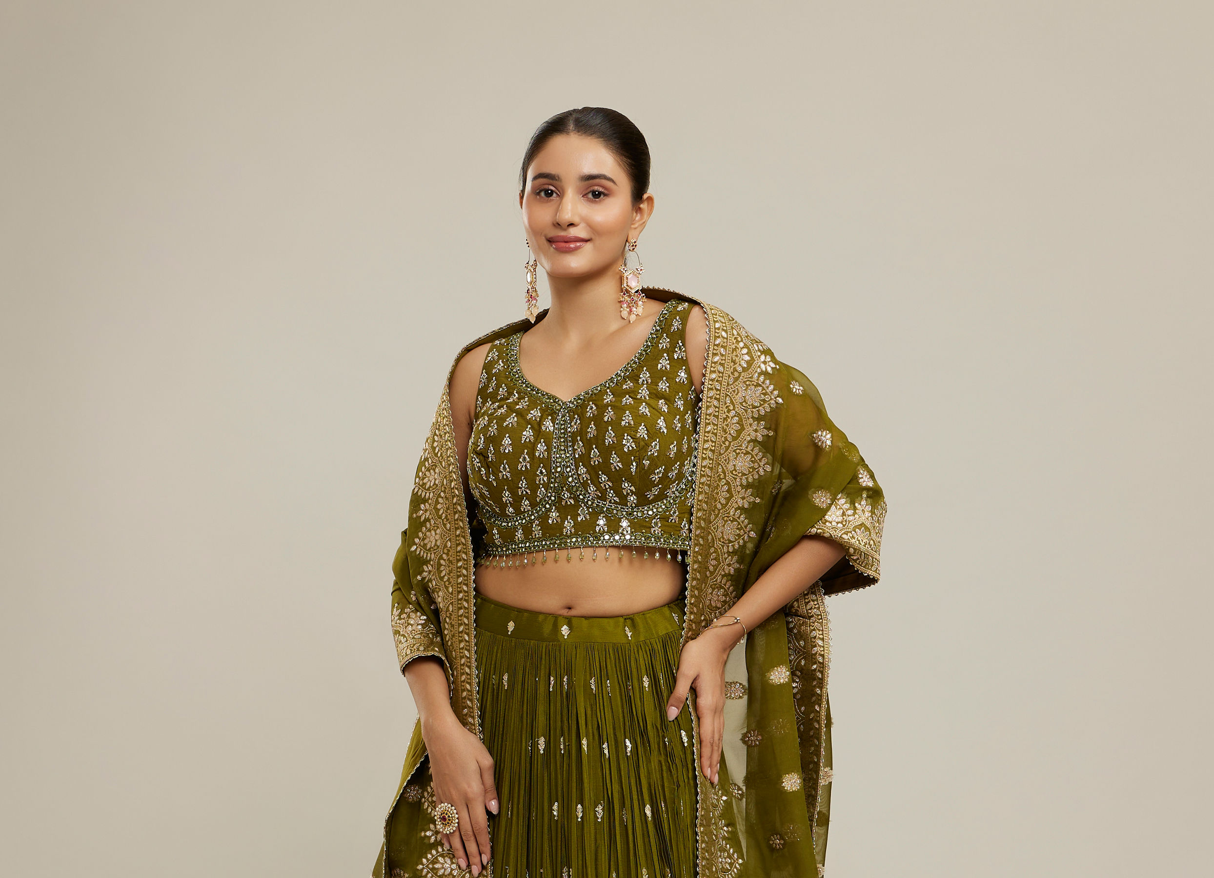 Twamev Women Majestic Mehandi Green Lehenga Set