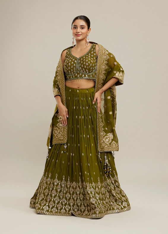 Twamev Women Majestic Mehandi Green Lehenga Set