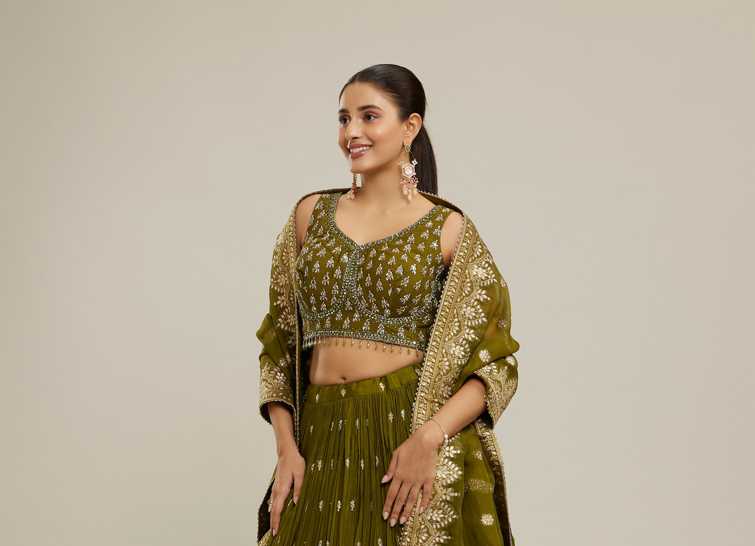 Twamev Women Majestic Mehandi Green Lehenga Set