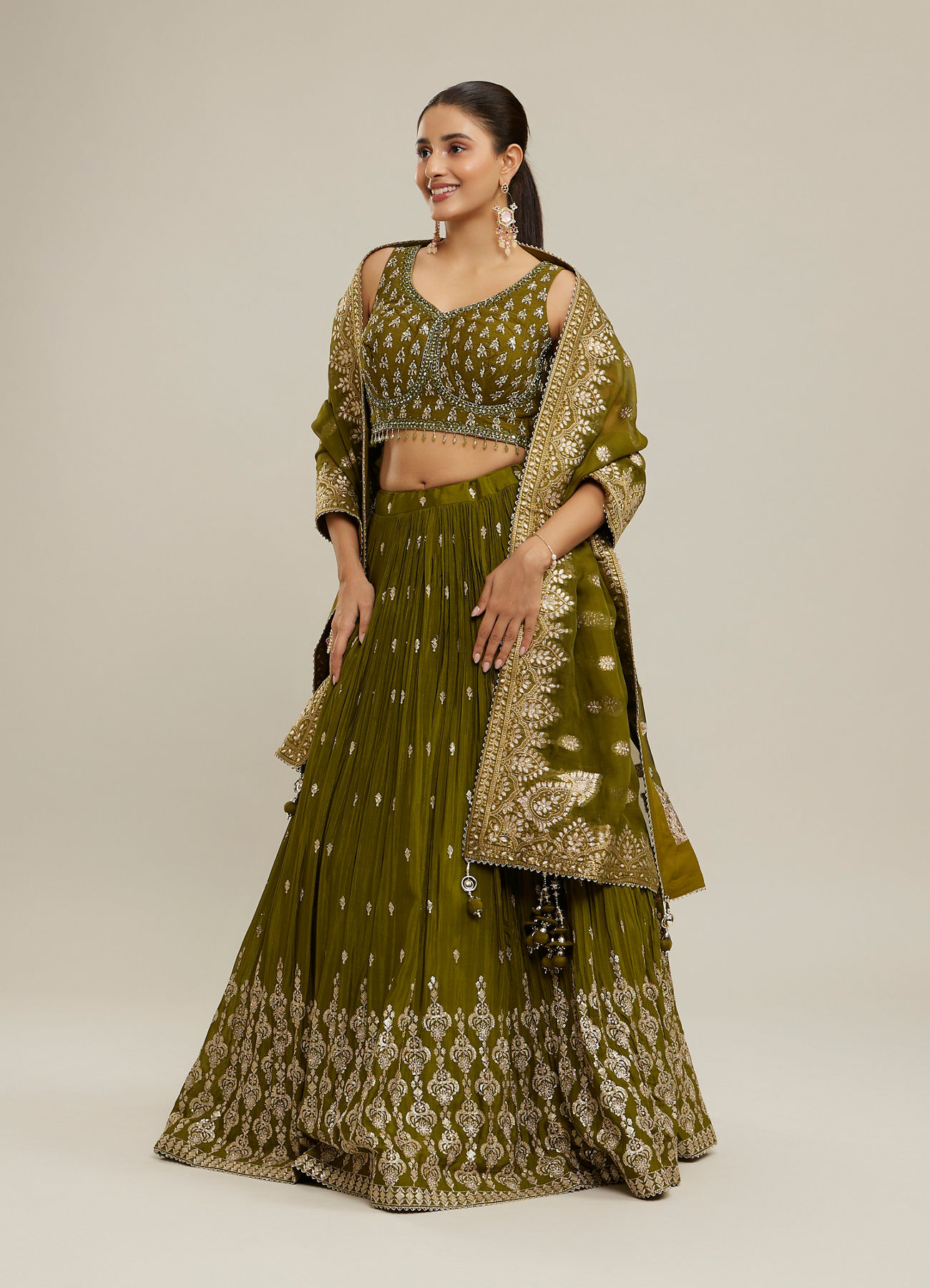Twamev Women Majestic Mehandi Green Lehenga Set