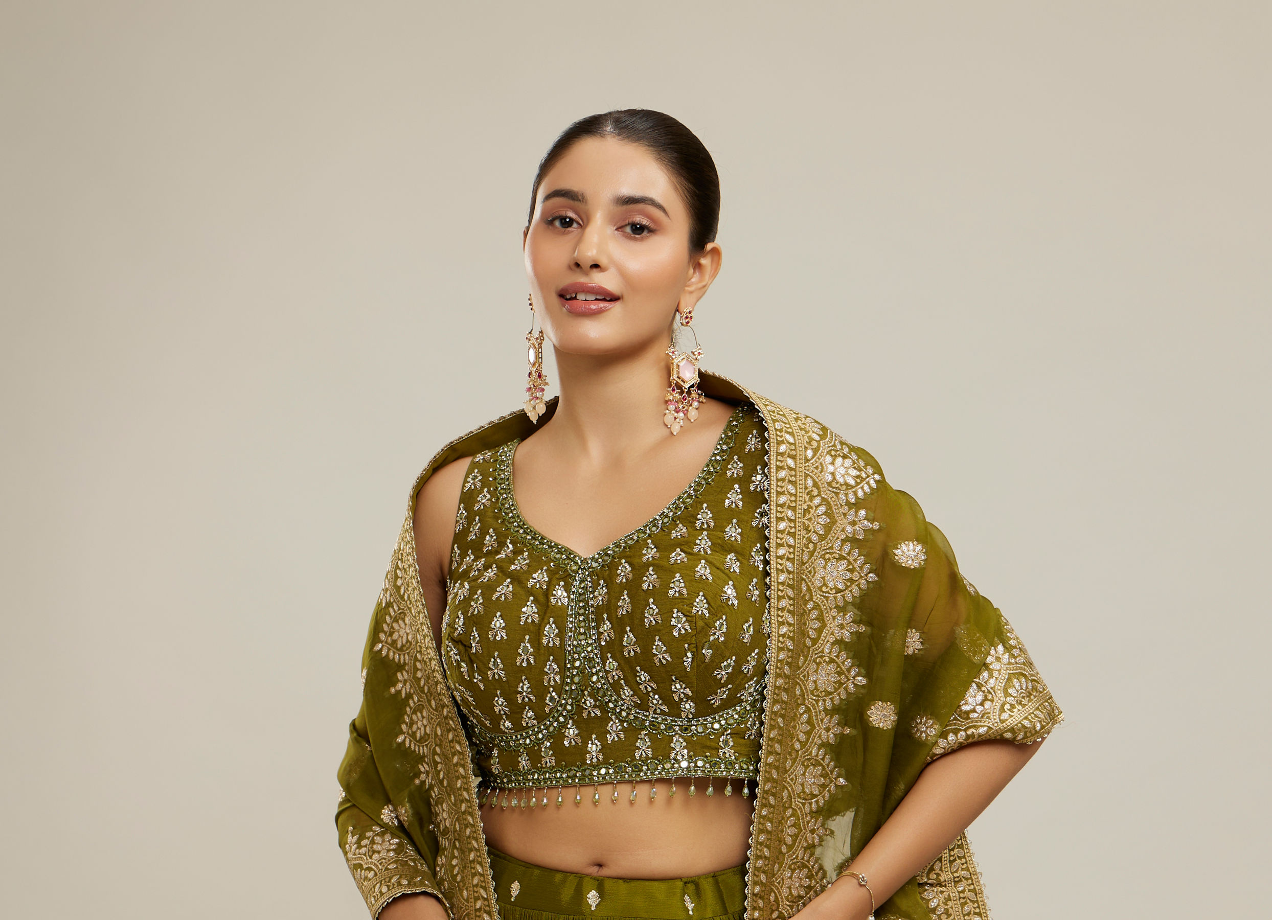 Twamev Women Majestic Mehandi Green Lehenga Set