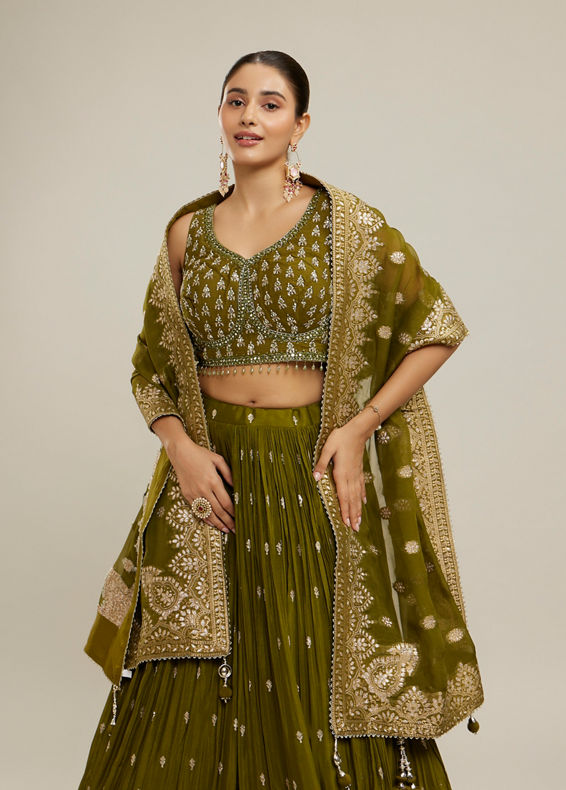 Twamev Women Majestic Mehandi Green Lehenga Set
