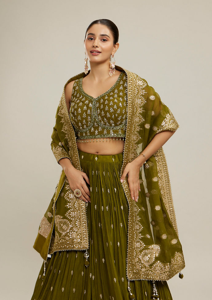 Twamev Women Majestic Mehandi Green Lehenga Set
