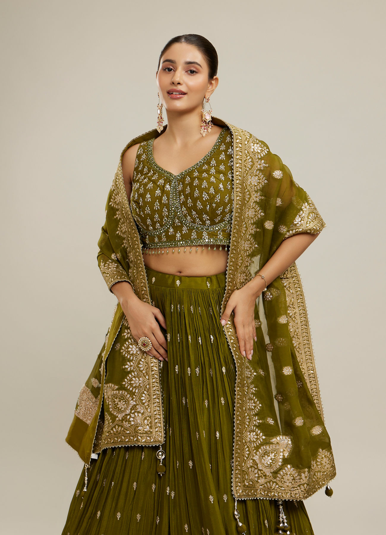 Twamev Women Majestic Mehandi Green Lehenga Set