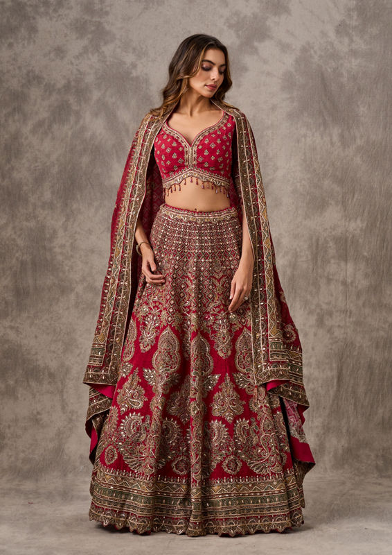 Twamev Women Maroon Majesty Chinon Lehenga