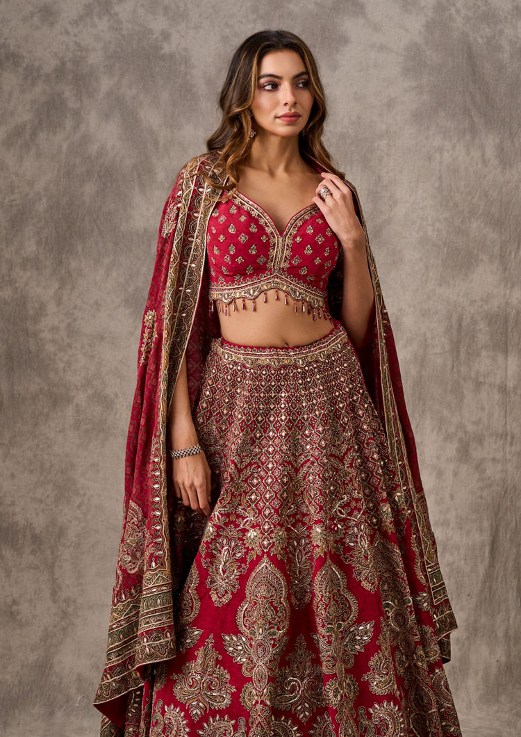 Twamev Women Maroon Majesty Chinon Lehenga