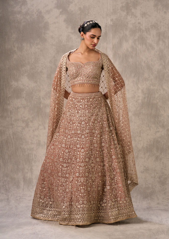 Twamev Women Peach Net Heavy Embroidered Sweetheart Lehenga