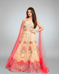 Twamev Women Peach Net Hand Embroidered Off-Shoulder Lehenga