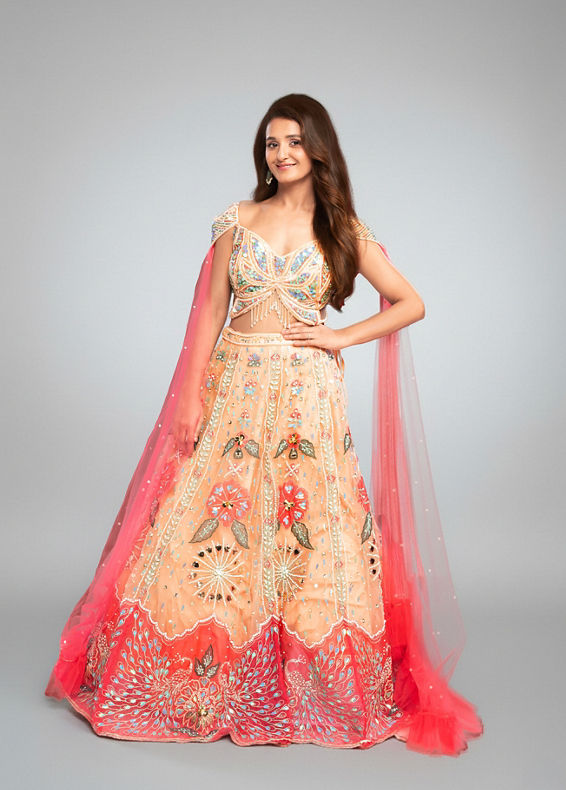 Twamev Women Peach Net Hand Embroidered Off-Shoulder Lehenga