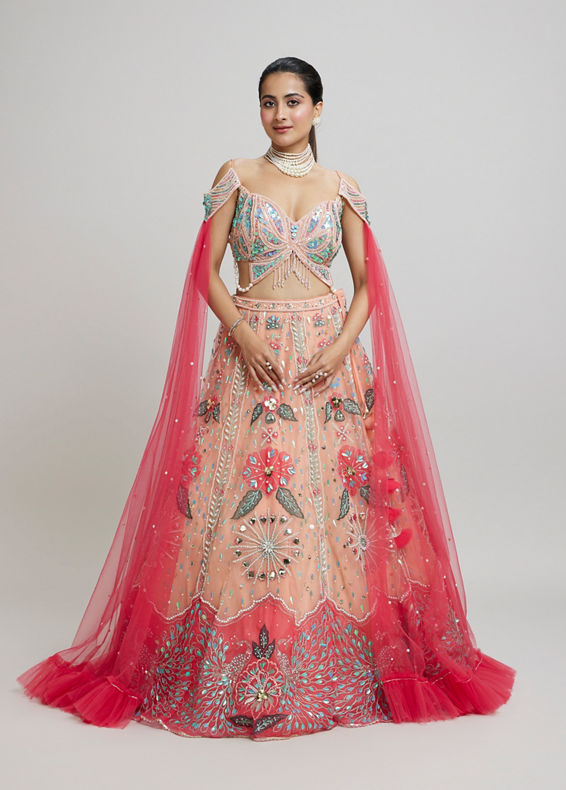 Twamev Women Dreamy Pink Net Lehenga