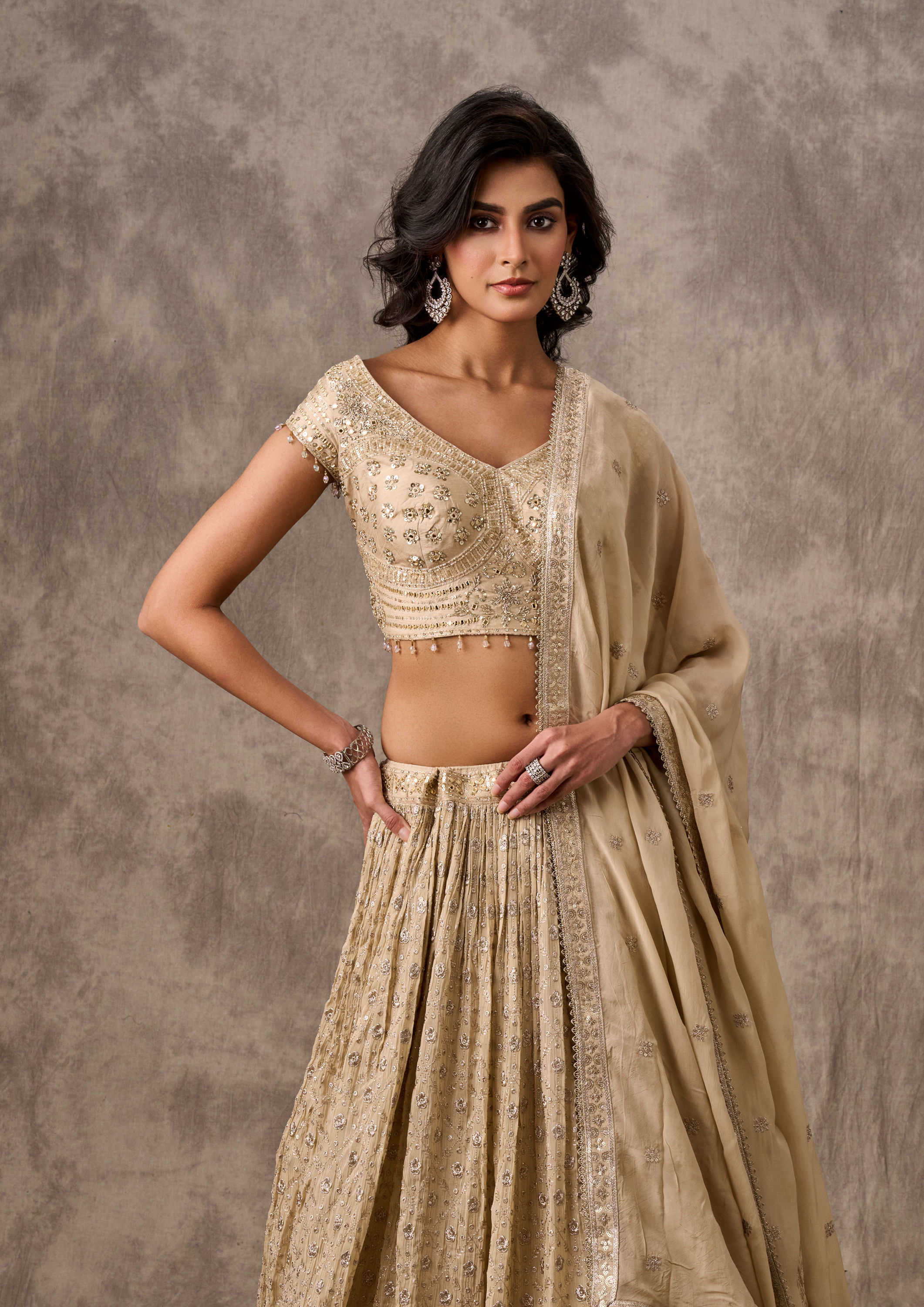 Twamev Women Cream Chiffon Elegance Lehenga