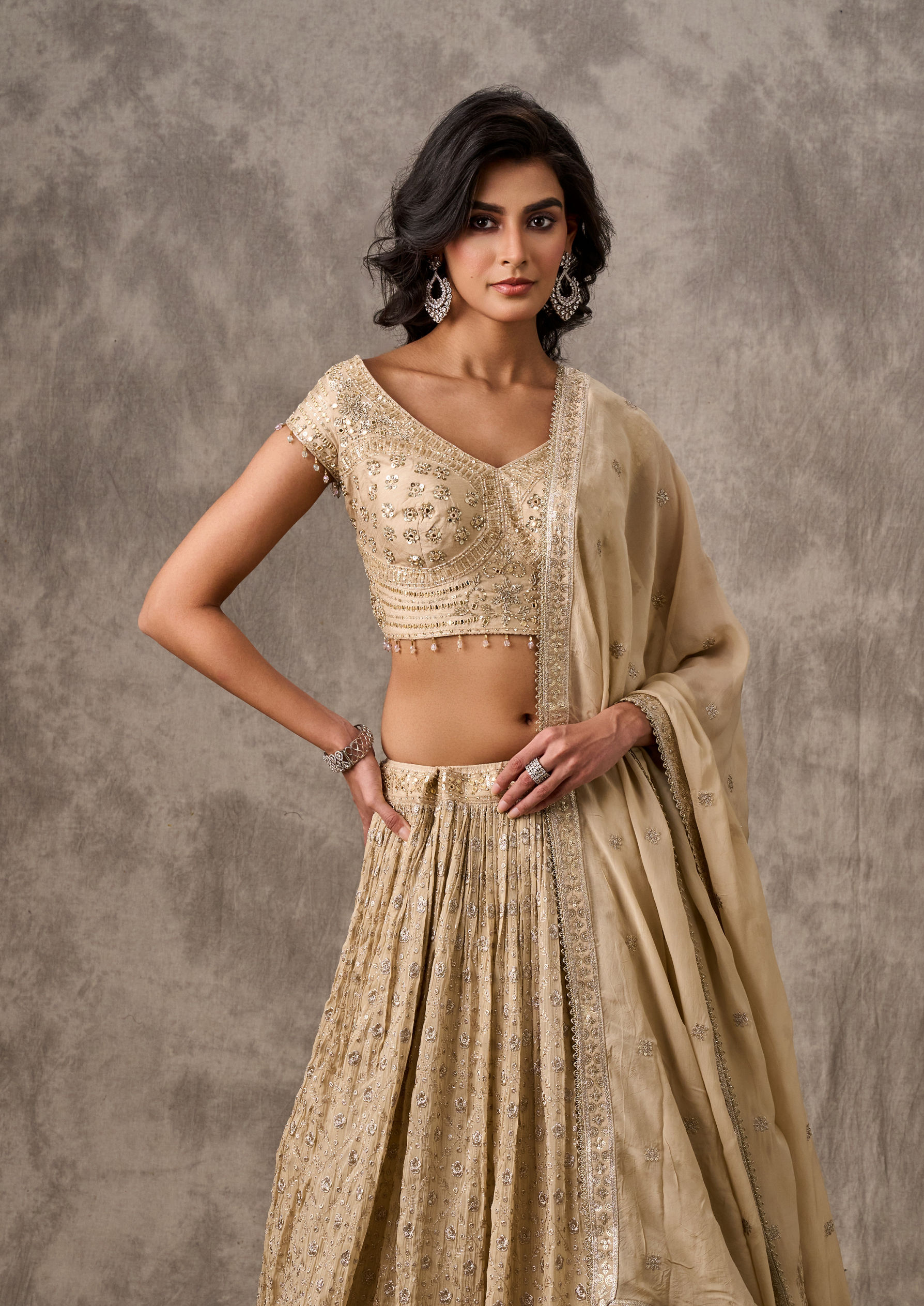 Twamev Women Cream Chiffon Elegance Lehenga