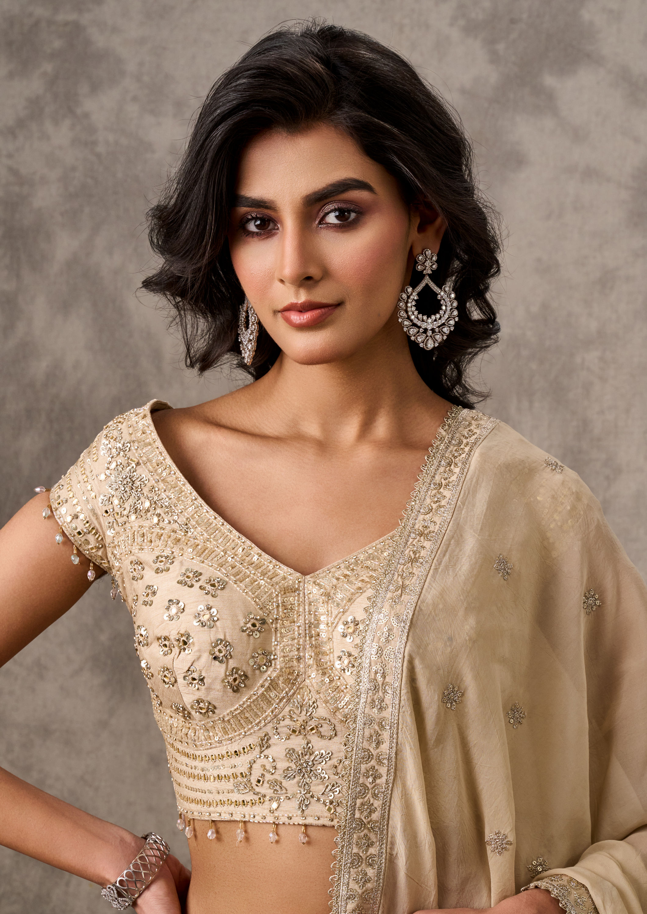 Twamev Women Cream Chiffon Elegance Lehenga