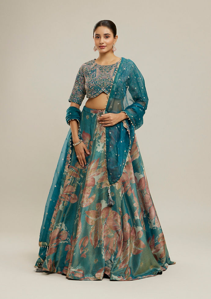 Twamev Women Teal Organza Floral Printed Embroidered Lehenga