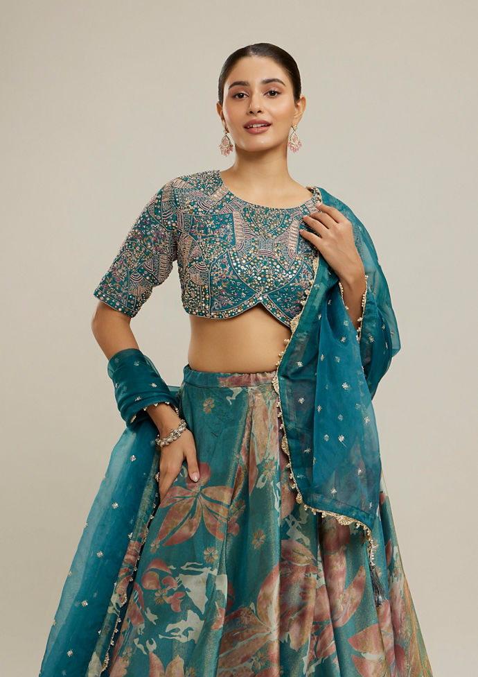 Twamev Women Teal Organza Floral Printed Embroidered Lehenga