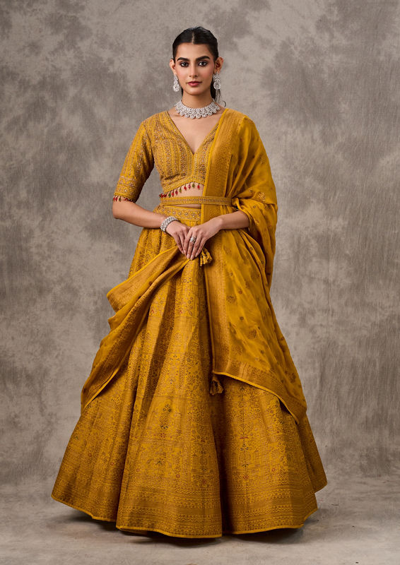 Twamev Women Bright Mustard Yellow Art Silk Lehenga