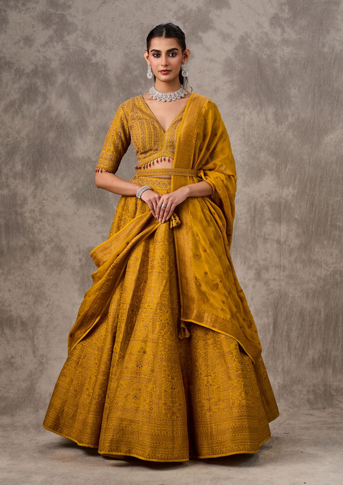Twamev Women Mustard Silk Brocade Zari Embroidered Lehenga