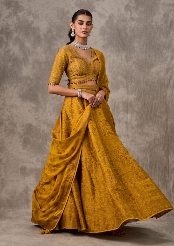 Twamev Women Bright Mustard Yellow Art Silk Lehenga