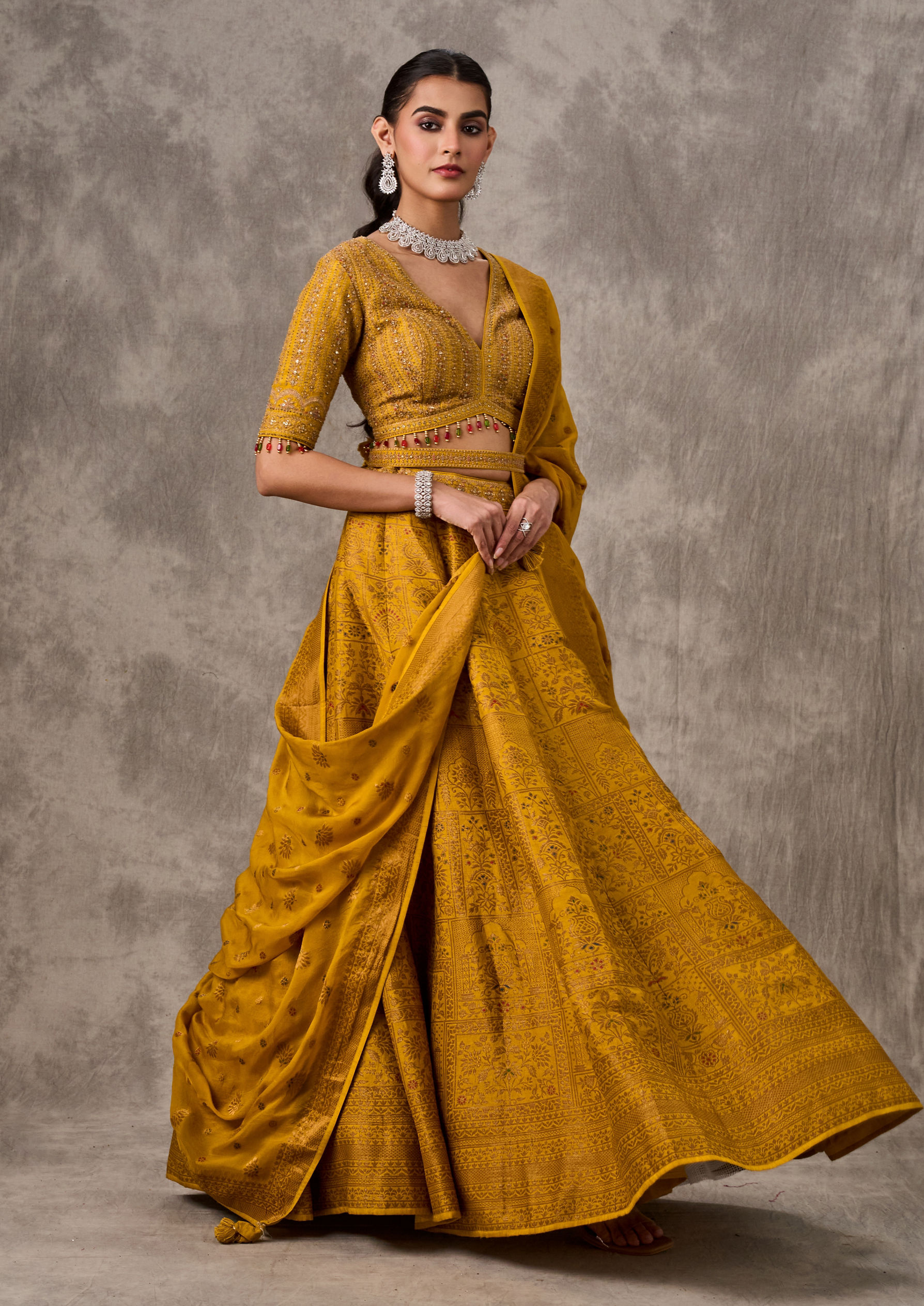 Twamev Women Bright Mustard Yellow Art Silk Lehenga