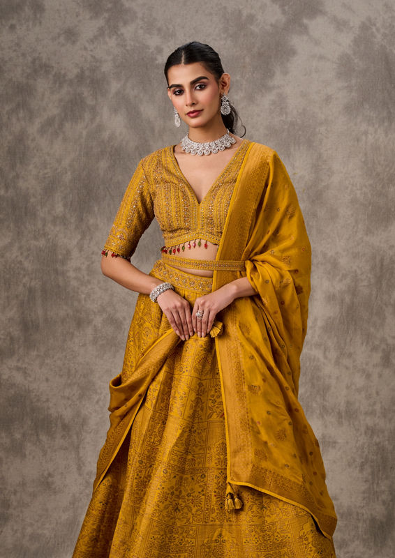 Twamev Women Bright Mustard Yellow Art Silk Lehenga