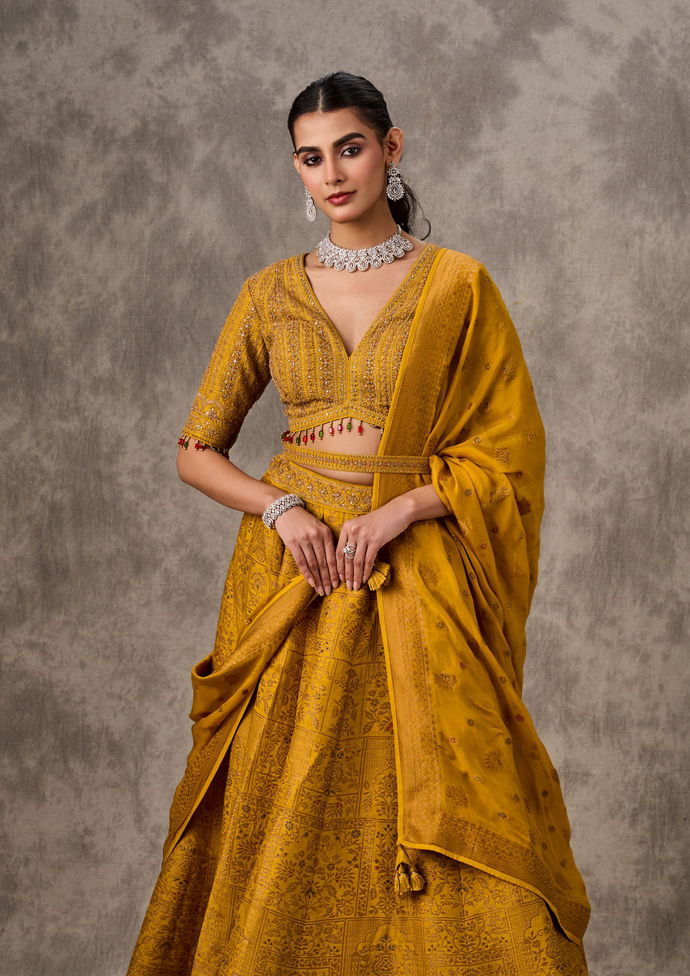 Twamev Women Mustard Silk Brocade Zari Embroidered Lehenga