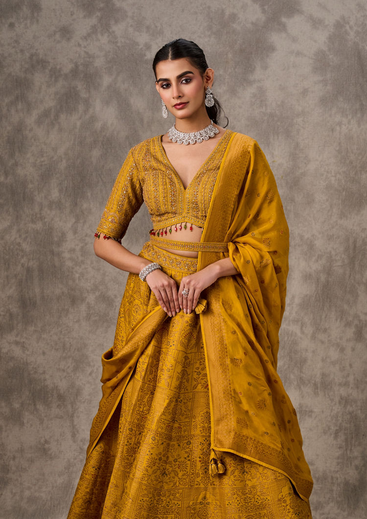 Twamev Women Bright Mustard Yellow Art Silk Lehenga