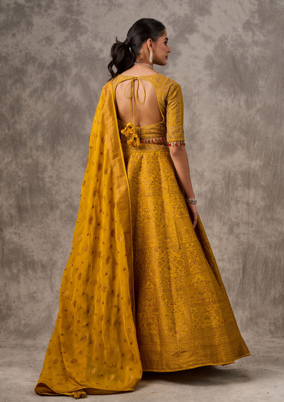 Twamev Women Bright Mustard Yellow Art Silk Lehenga