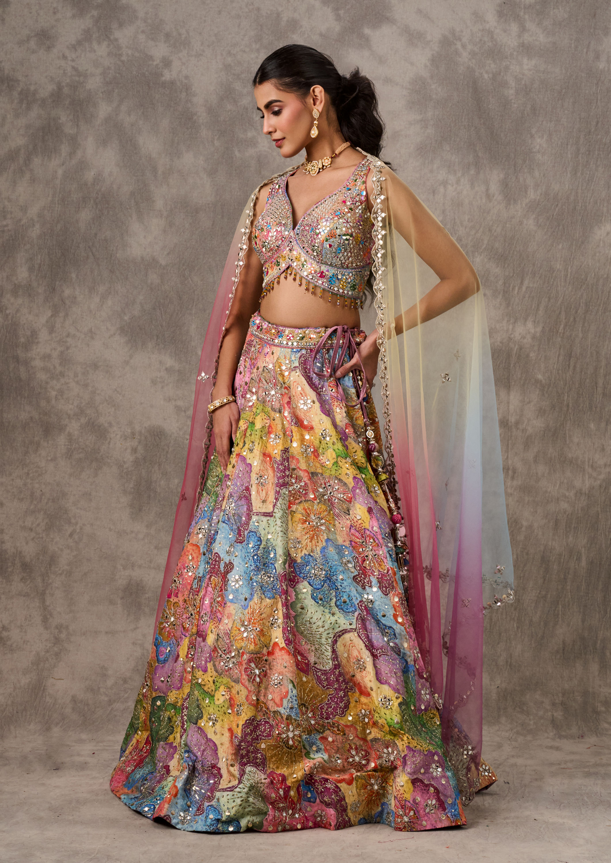 Twamev Women Elegant Lilac Yellow Lehenga