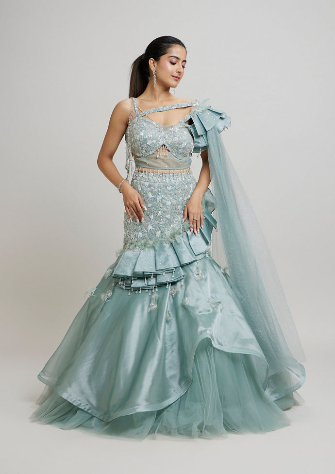 Twamev Women Dreamy Light Blue Lehenga Ensemble