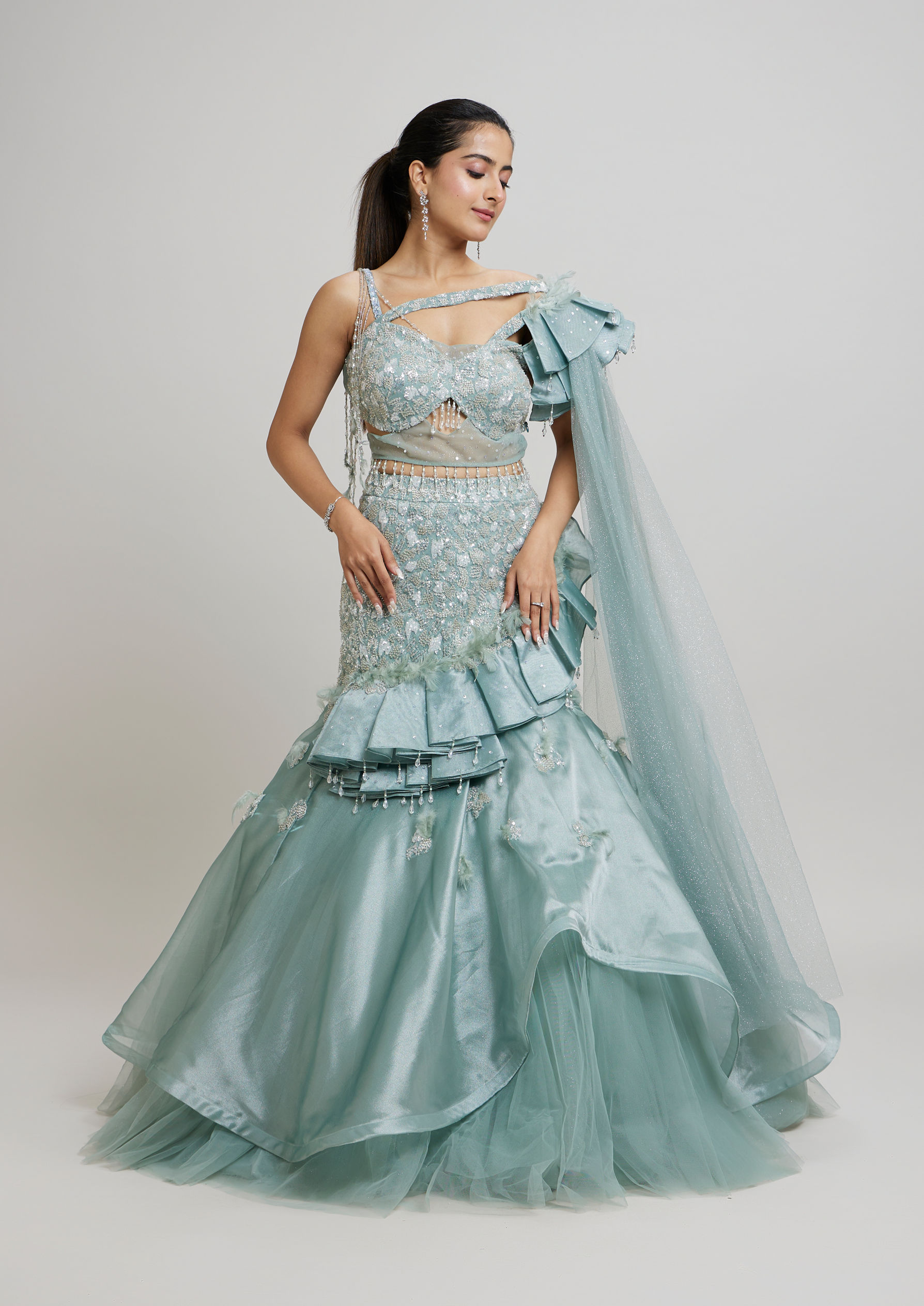 Twamev Women Dreamy Light Blue Lehenga Ensemble