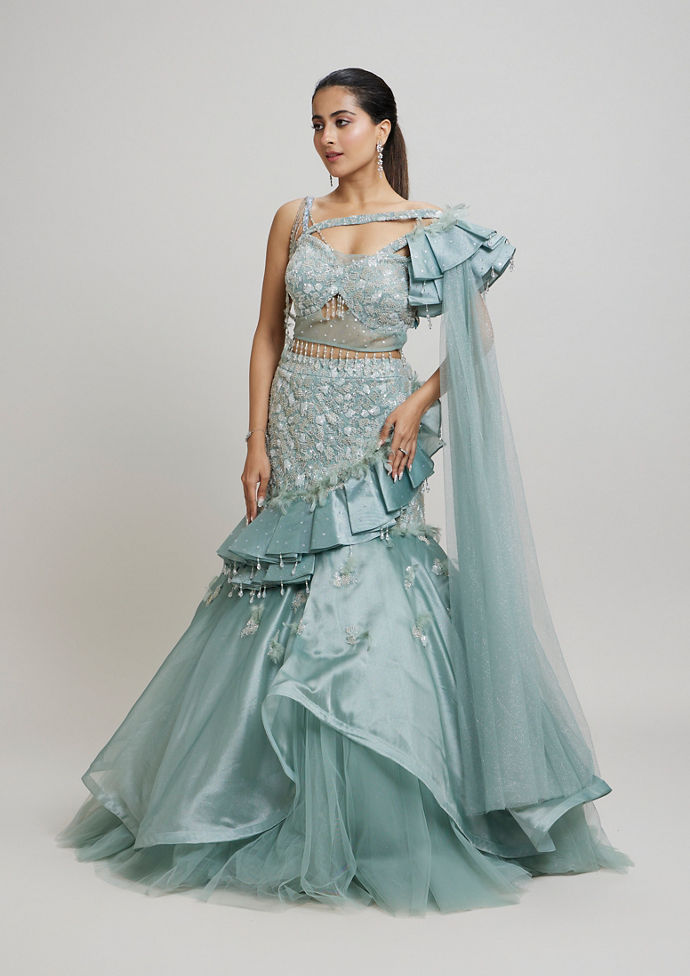 Twamev Women Dreamy Light Blue Lehenga Ensemble