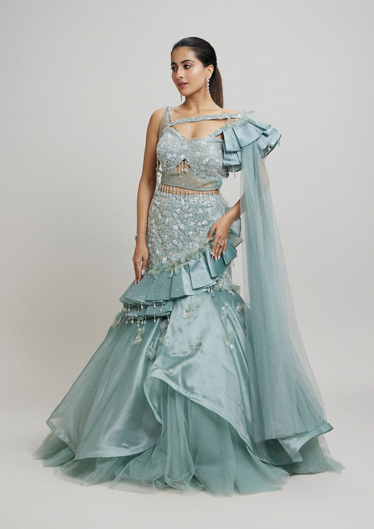 Twamev Women Dreamy Light Blue Lehenga Ensemble