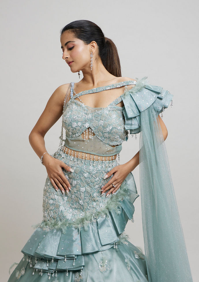 Twamev Women Dreamy Light Blue Lehenga Ensemble