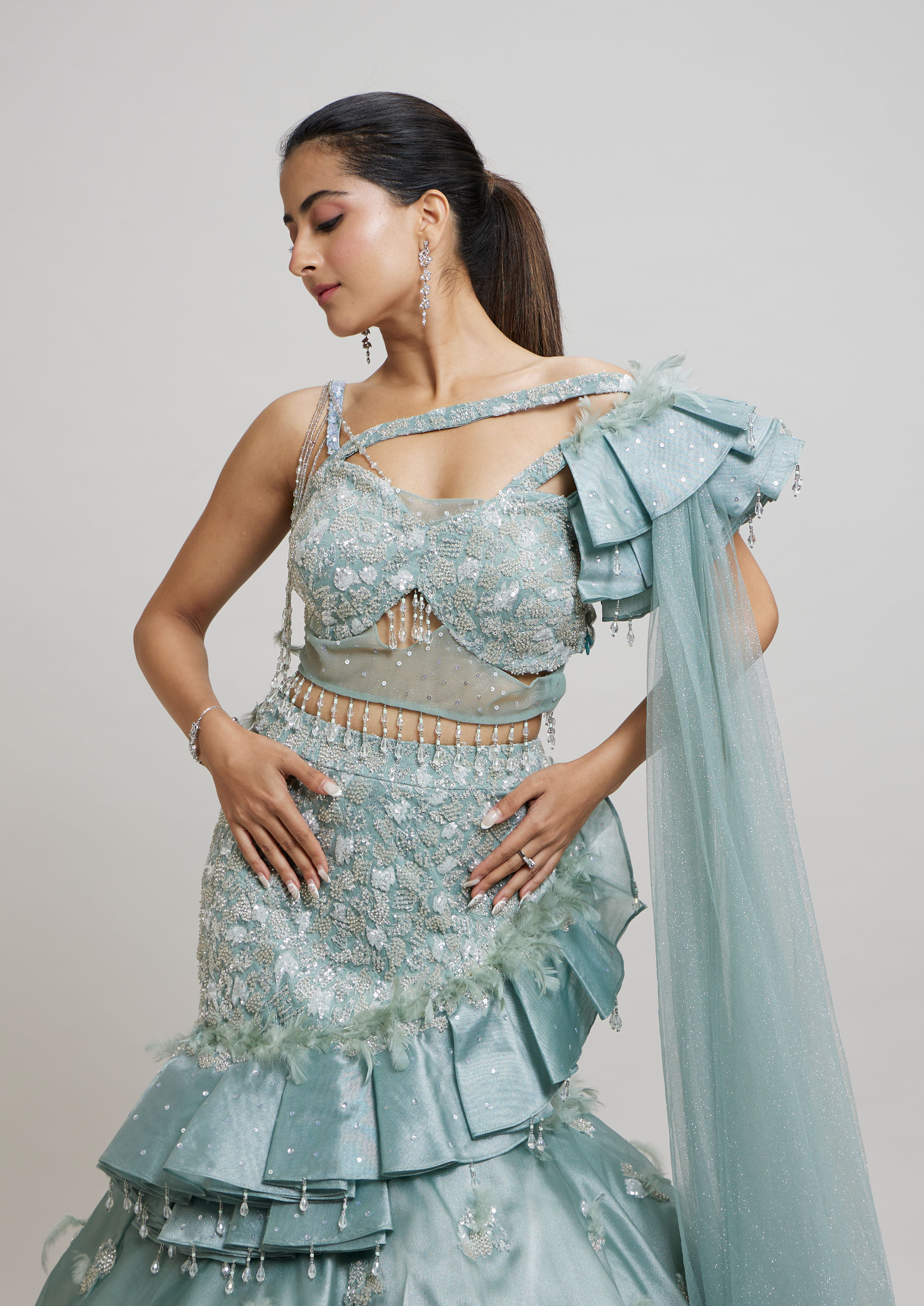 Twamev Women Dreamy Light Blue Lehenga Ensemble