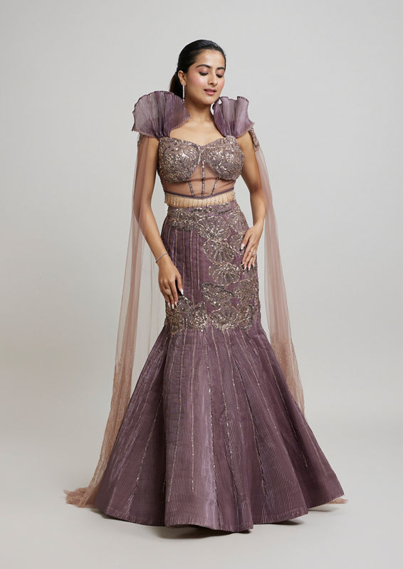 Twamev Women Enchanting Brown Organza Lehenga