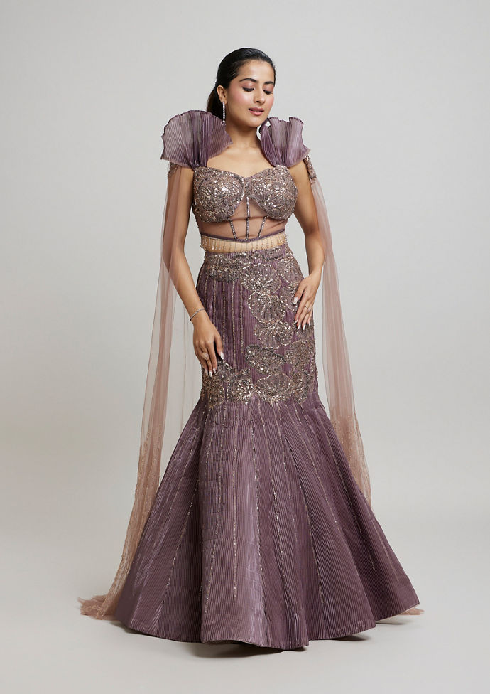 Twamev Women Enchanting Brown Organza Lehenga