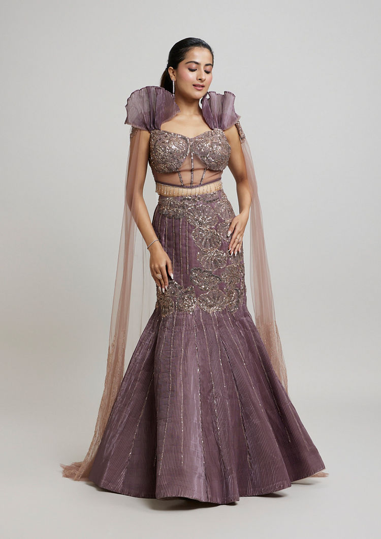 Twamev Women Enchanting Brown Organza Lehenga