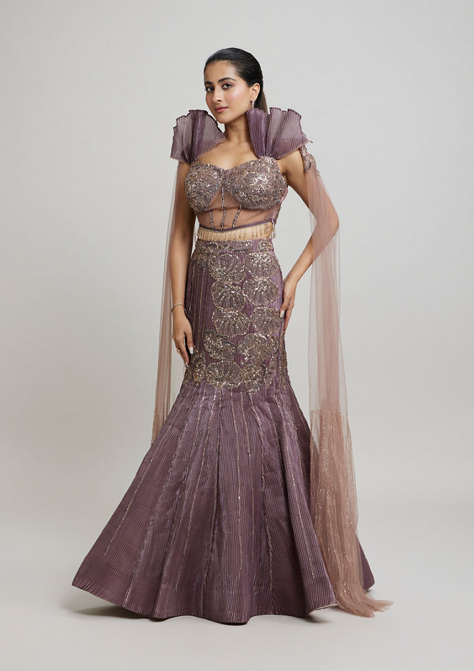 Twamev Women Enchanting Brown Organza Lehenga