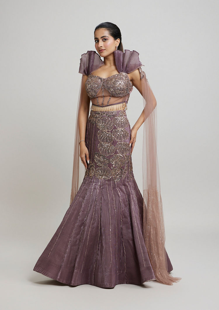 Twamev Women Enchanting Brown Organza Lehenga