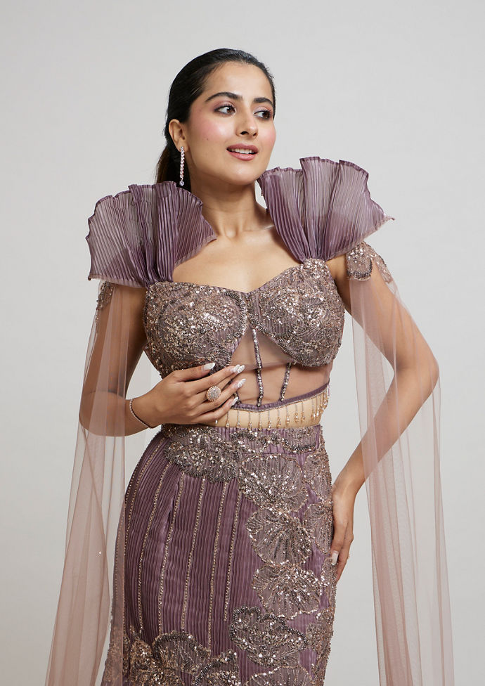 Twamev Women Enchanting Brown Organza Lehenga