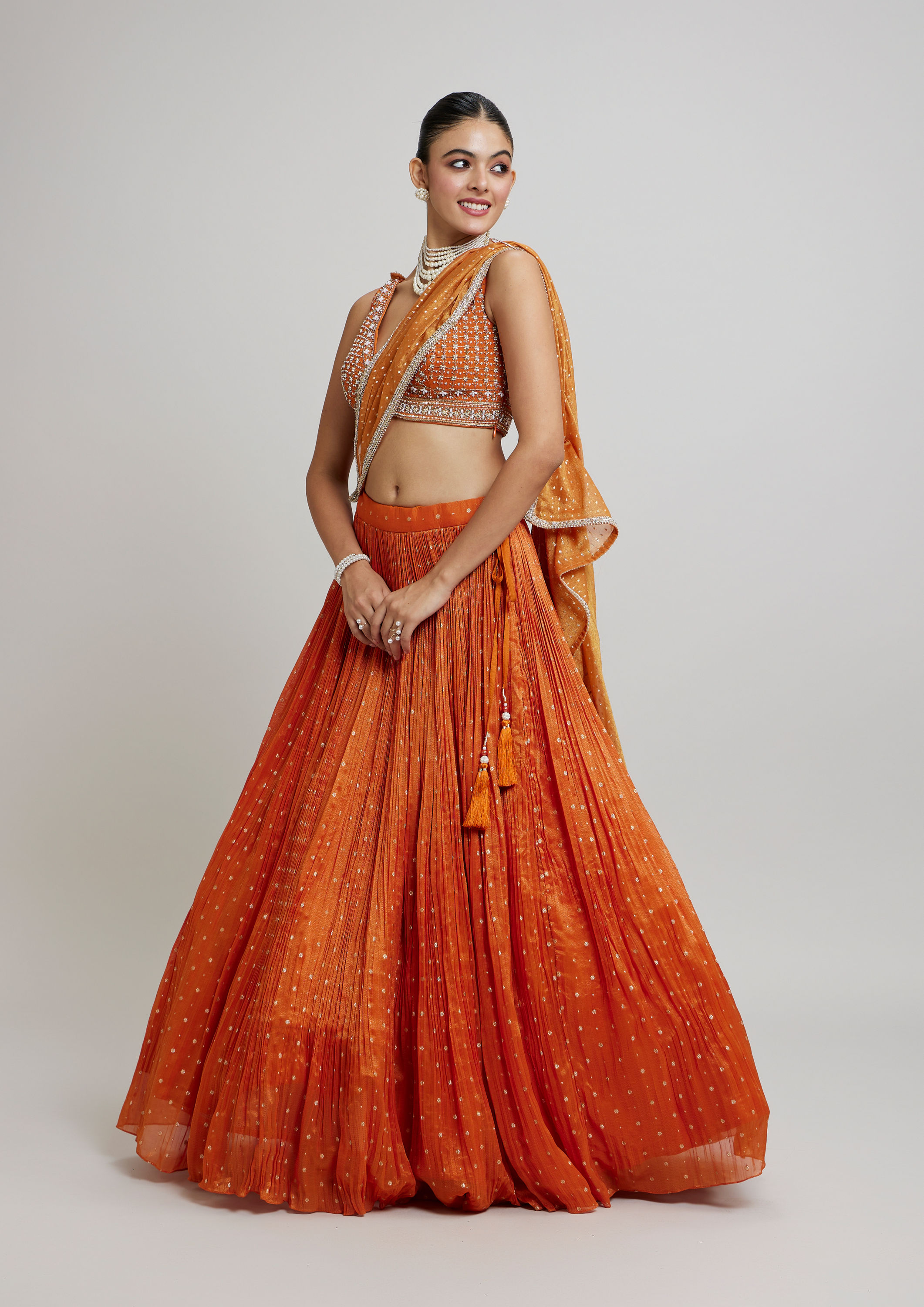Twamev Women Orange Georgette Festive Lehenga