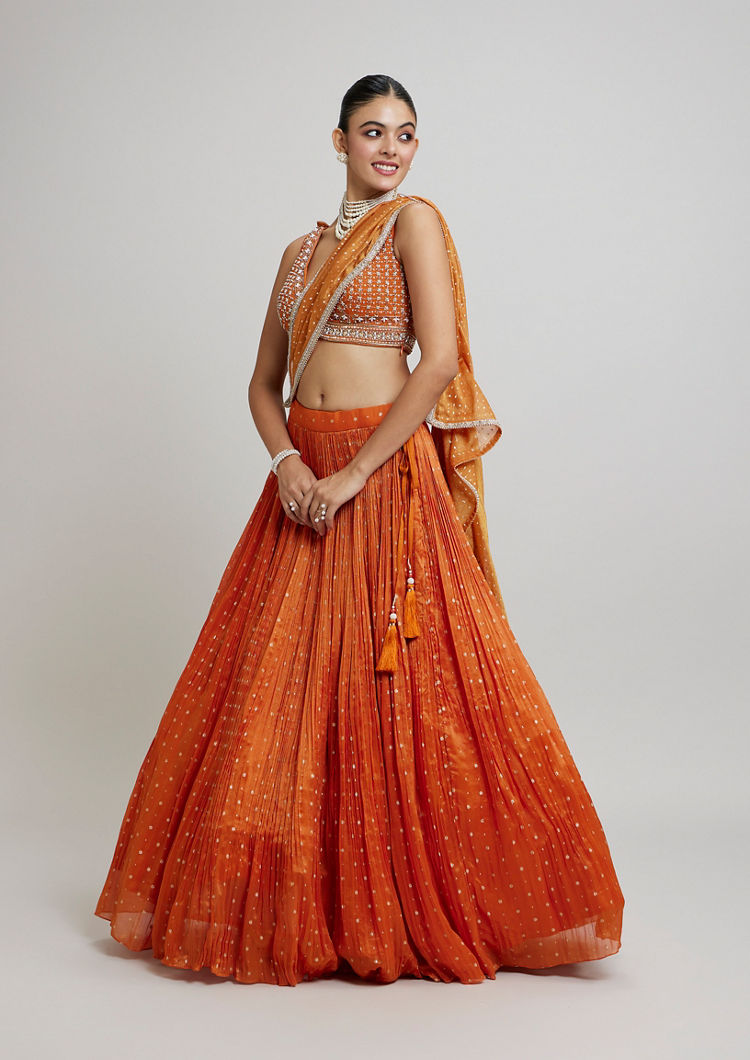 Twamev Women Orange Georgette Festive Lehenga