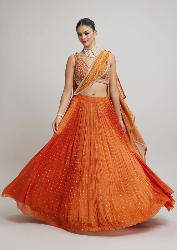 Twamev Women Orange Georgette Festive Lehenga