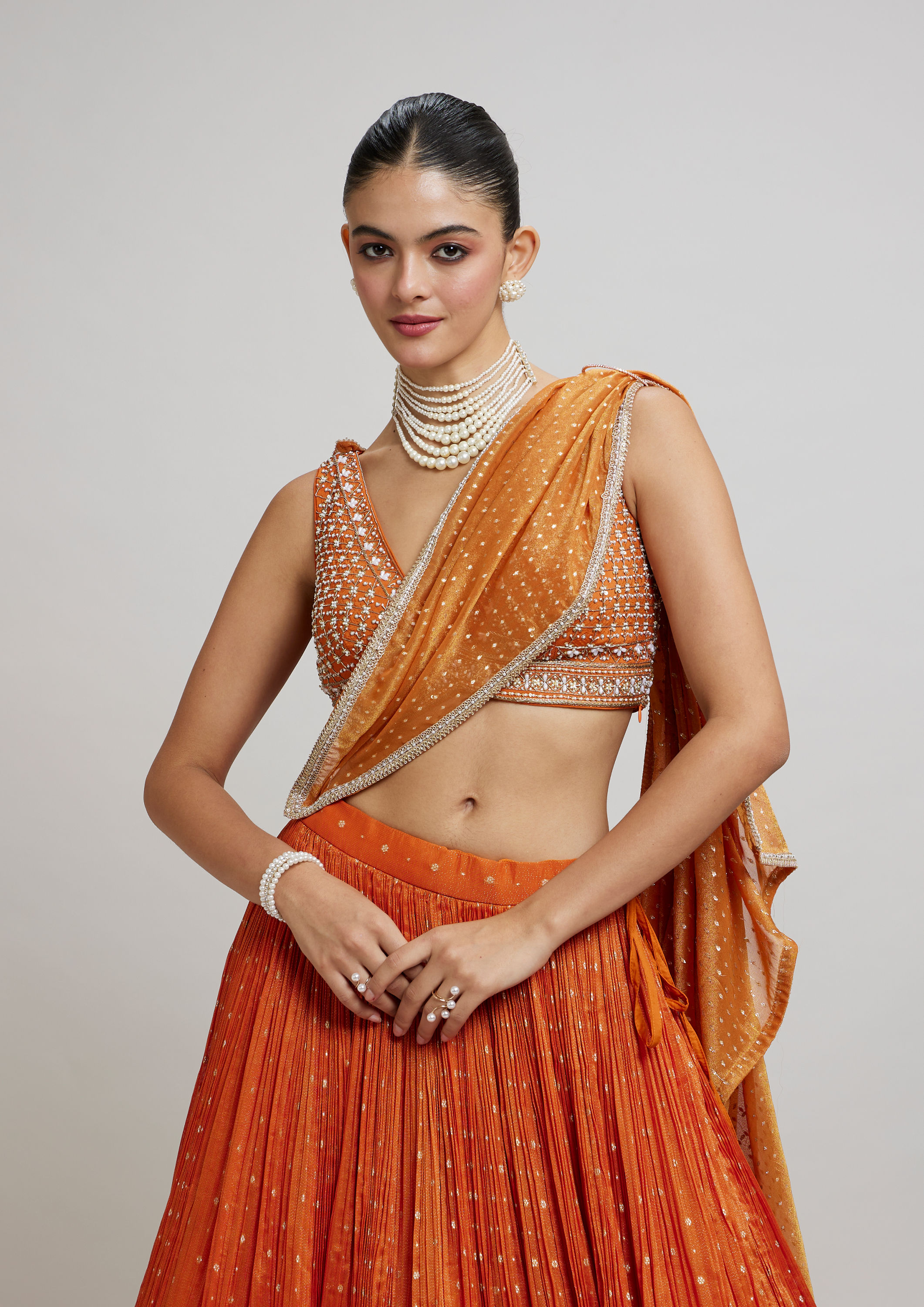 Twamev Women Orange Georgette Festive Lehenga