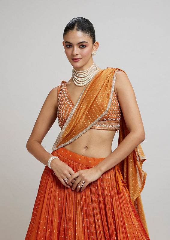 Twamev Women Orange Georgette Festive Lehenga